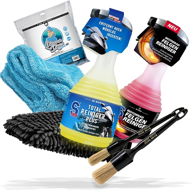 Lot de nettoyage moto detailmate avec serviette, brosses et gant