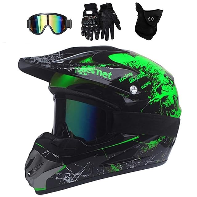 Casque cross UIGJIOG vert avec le masque et les gants fournis